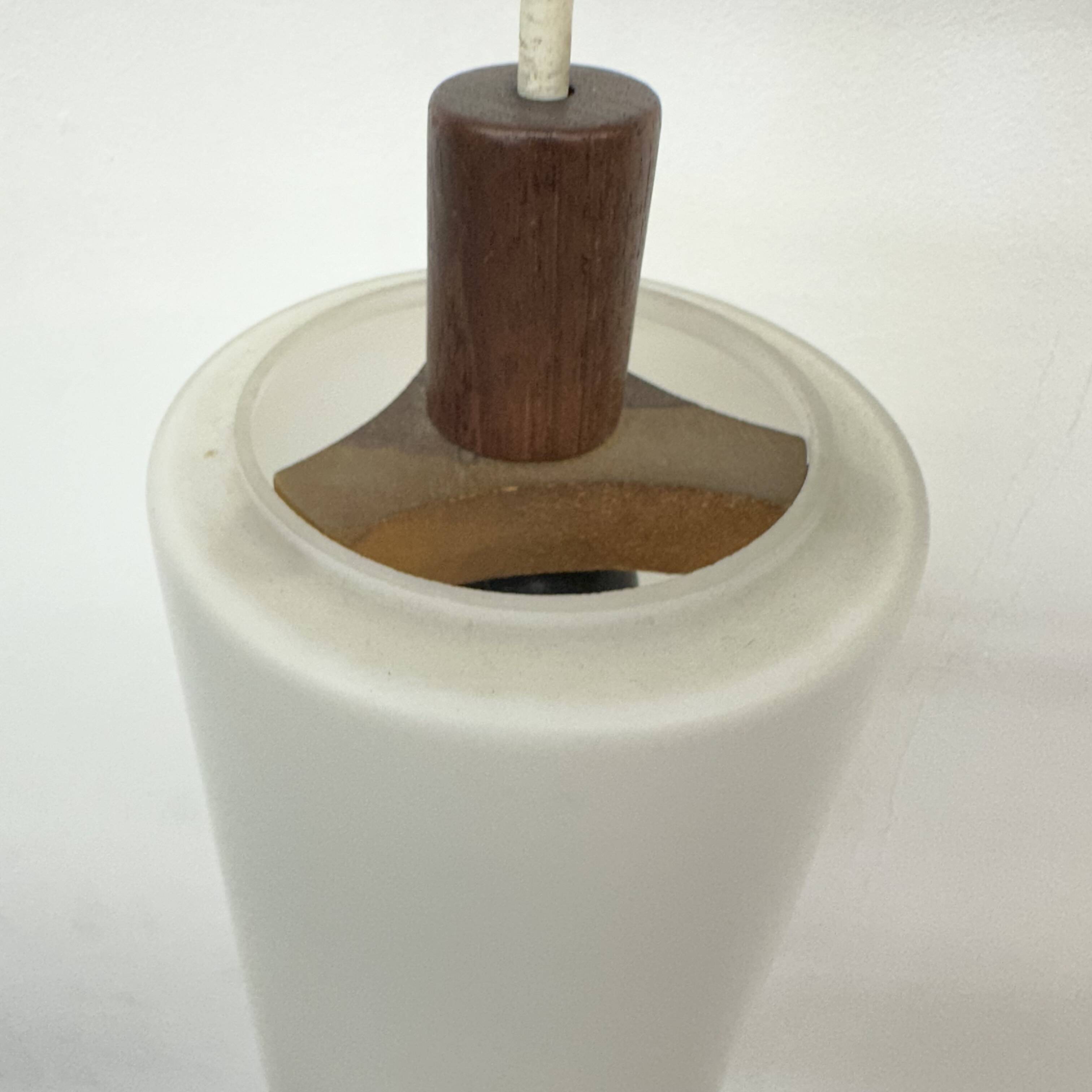 Mid-century design pendant lamp teak and opaline glass , 1970s