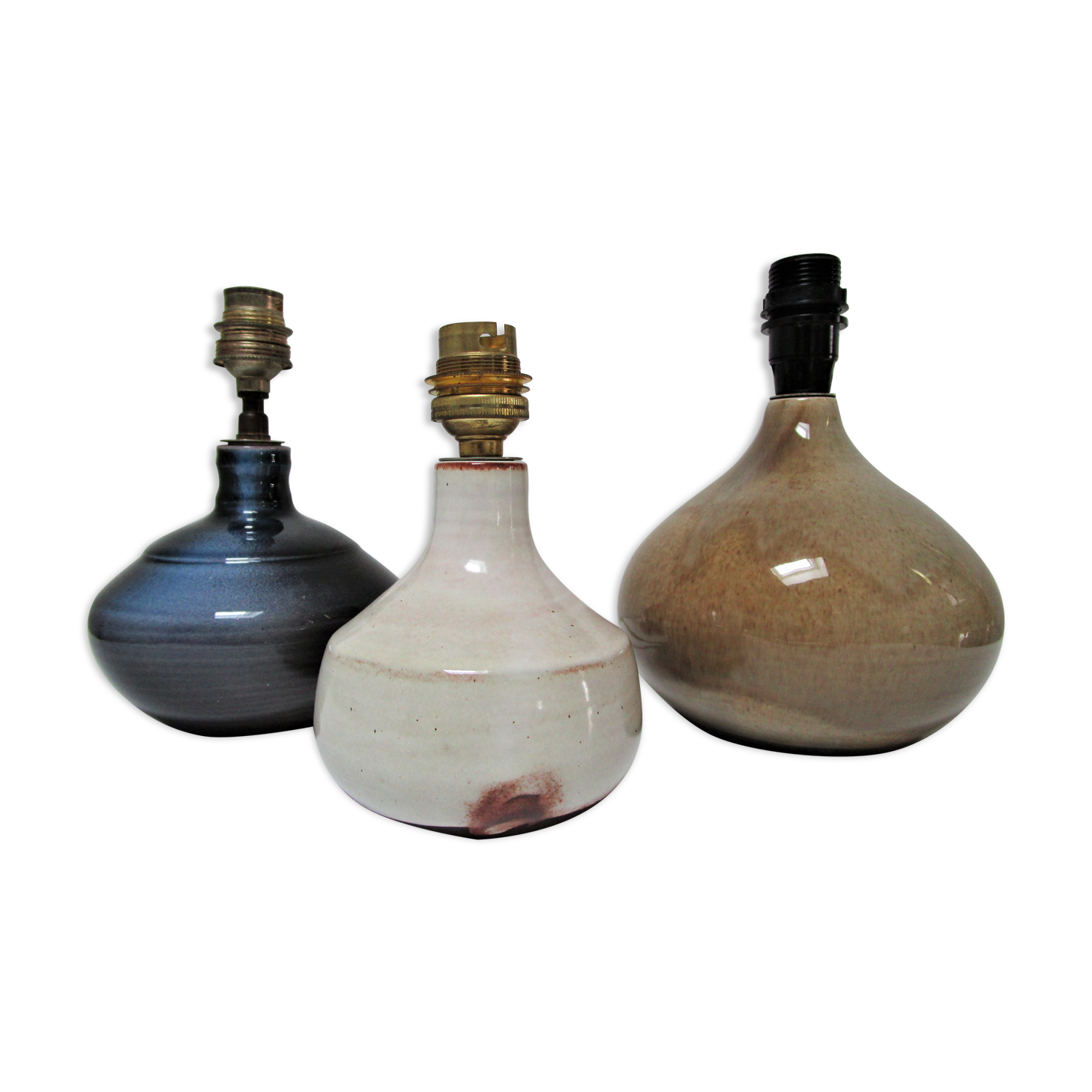 Three vintage ceramic lamps in blue, white and suede