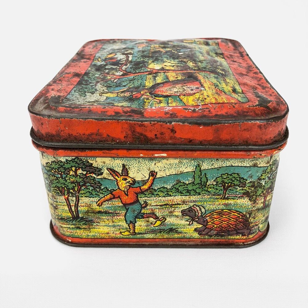 Antique lithographed tin biscuit tins