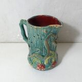 Antique turquoise Art Deco majolica pitcher vase with a snake motif