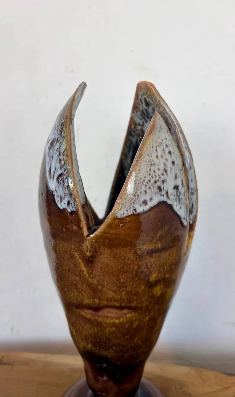 Vintage Mid-Century Modern Studio Pottery Tulip Lotus Bud Pedestal Vase - Earthen Brown & White Glaze