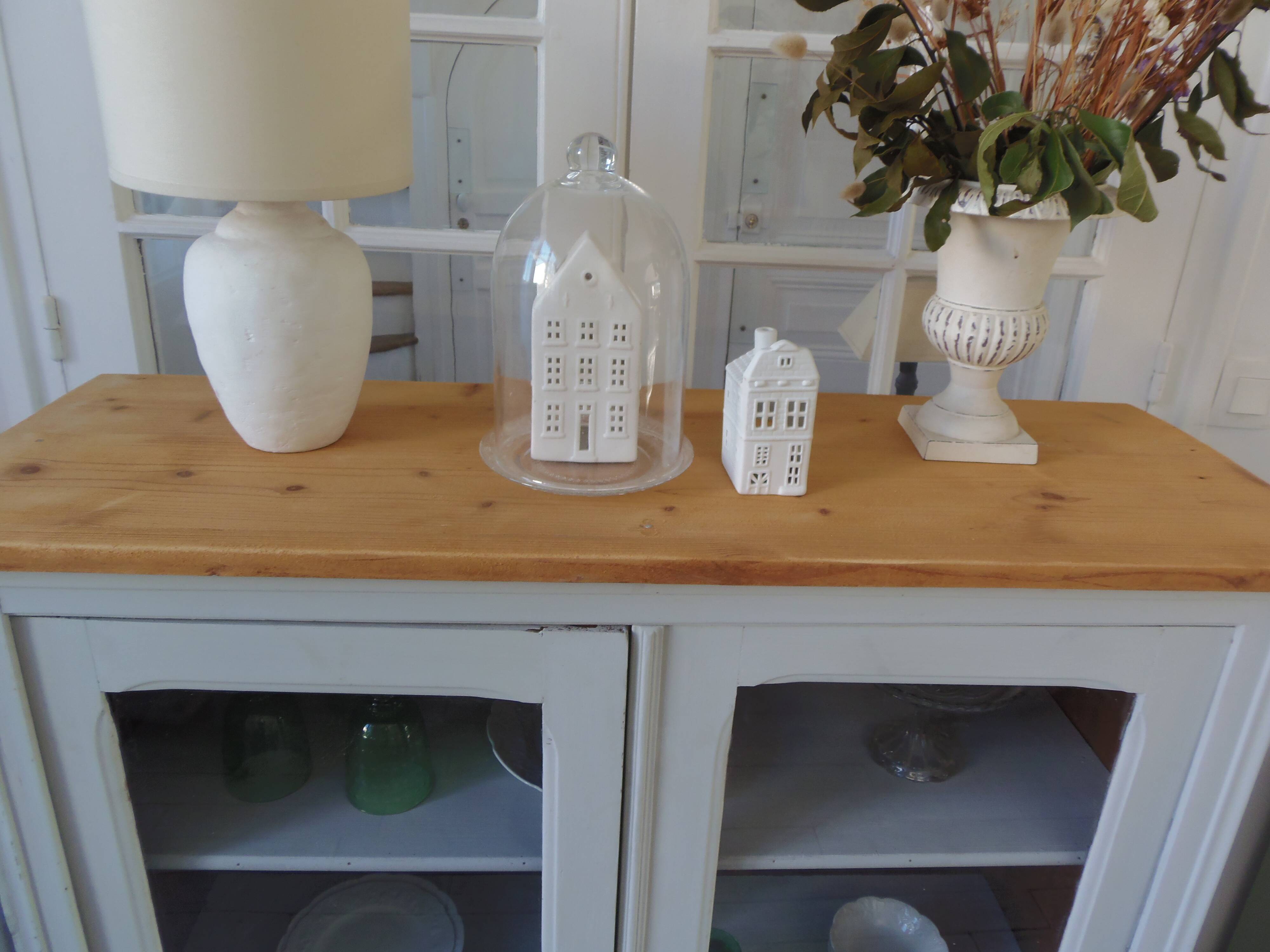 Display case, old shallow sideboard re-enchanted in cloud gray.