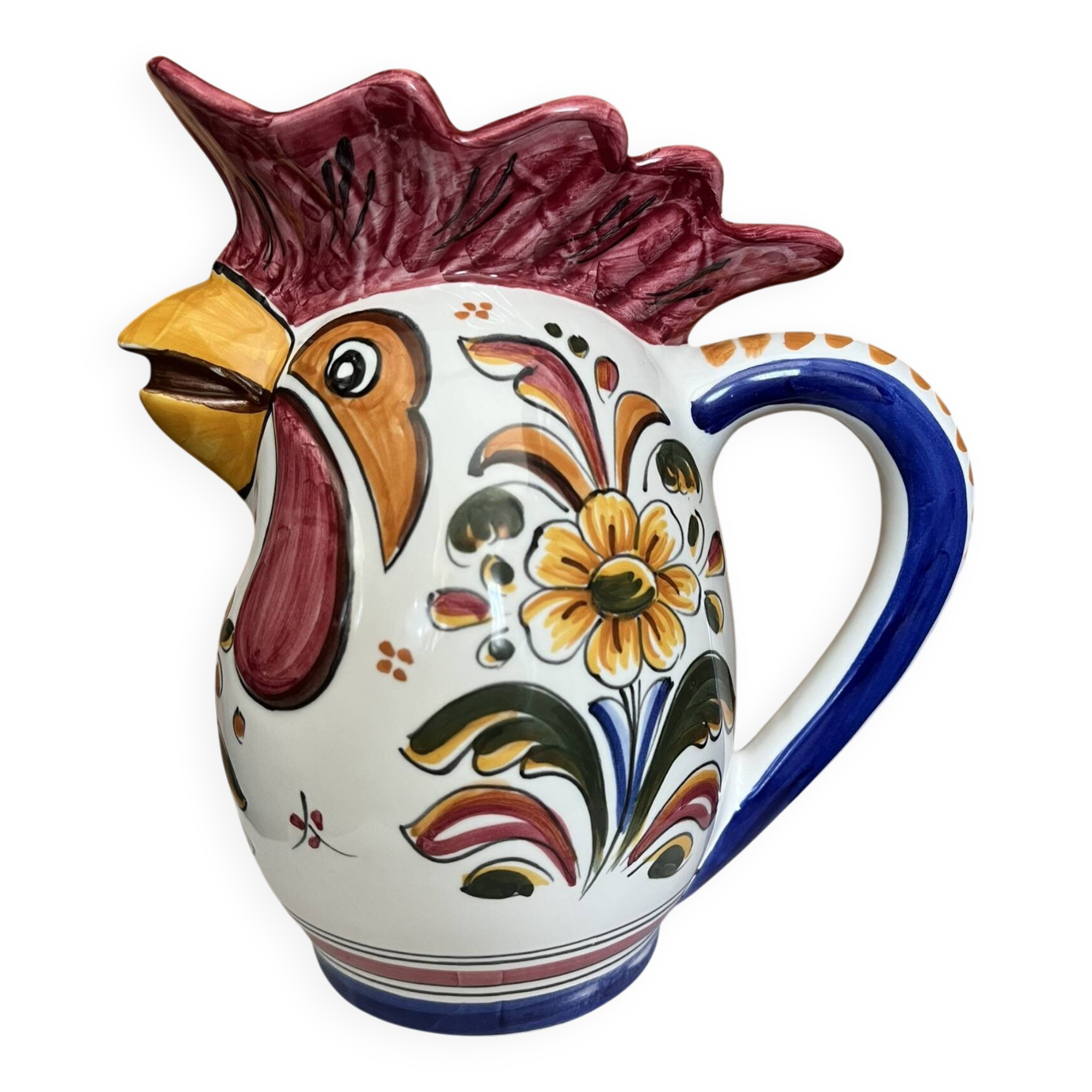 Spanish earthenware pitcher - hand-painted rooster head