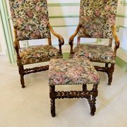 Pair of antique armchairs in Henri II / Neo-Renaissance style + footrest