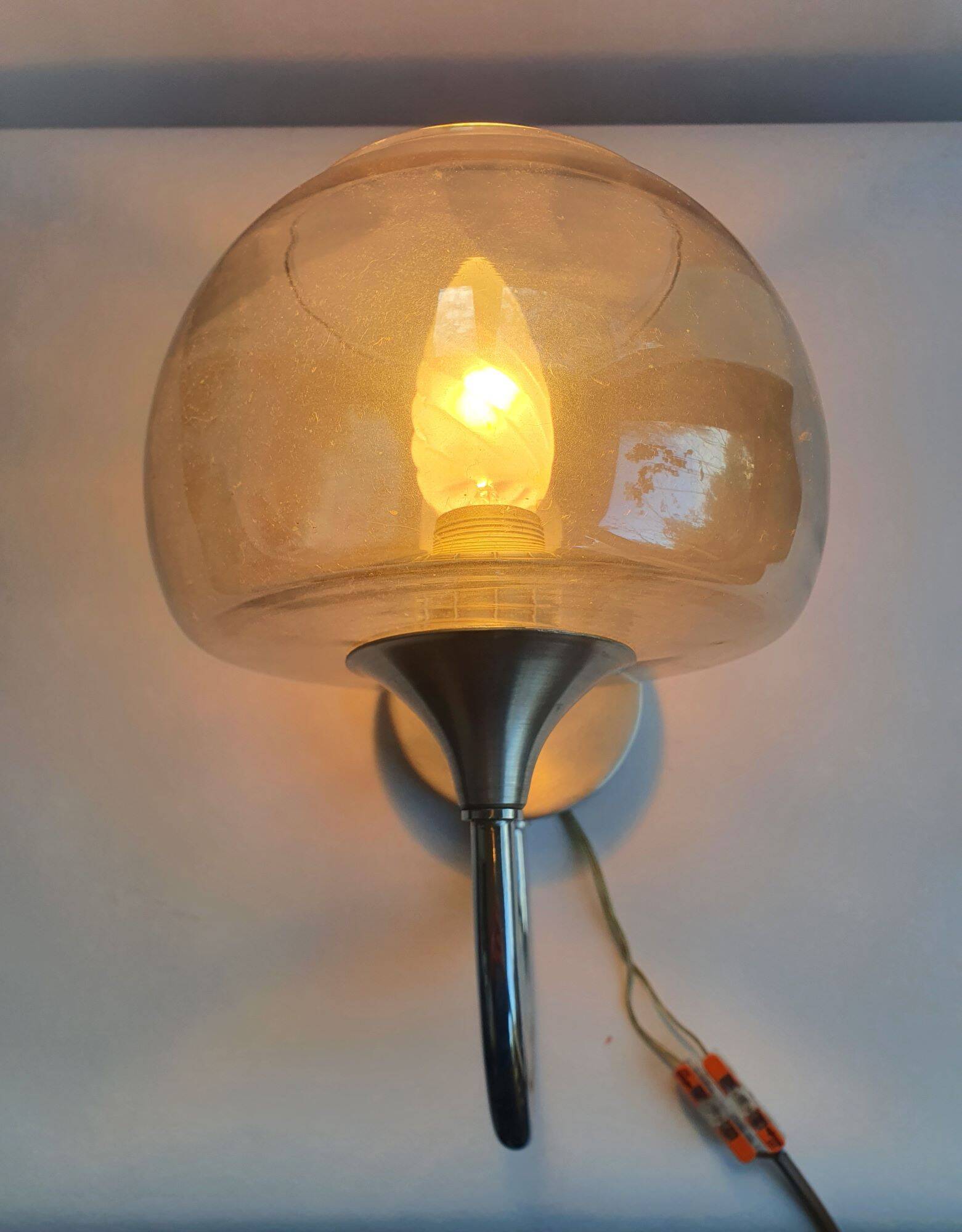 Pair of 1980s chrome metal and smoked glass wall lights