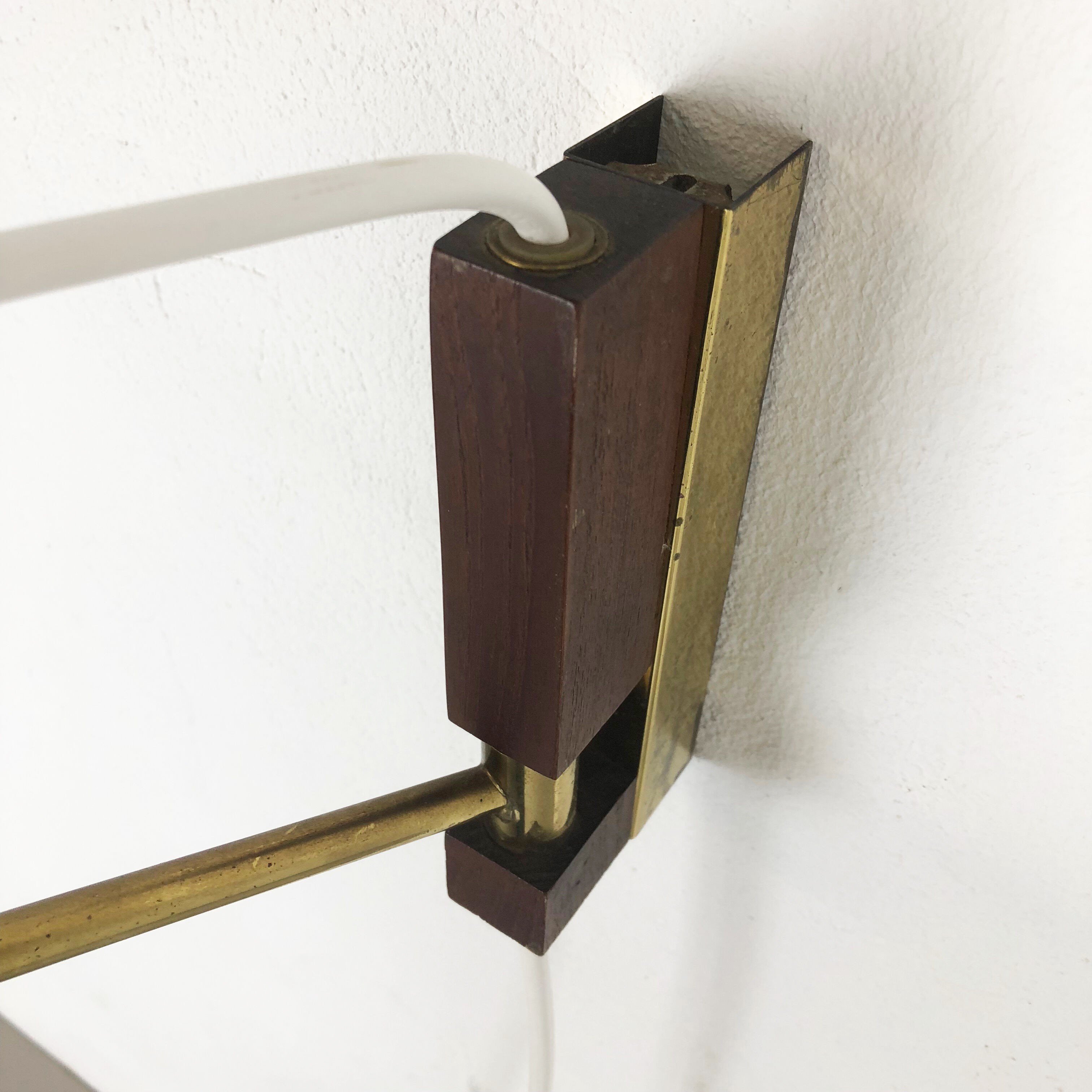 Danish brass and teak wall light, Denmark, 1960s