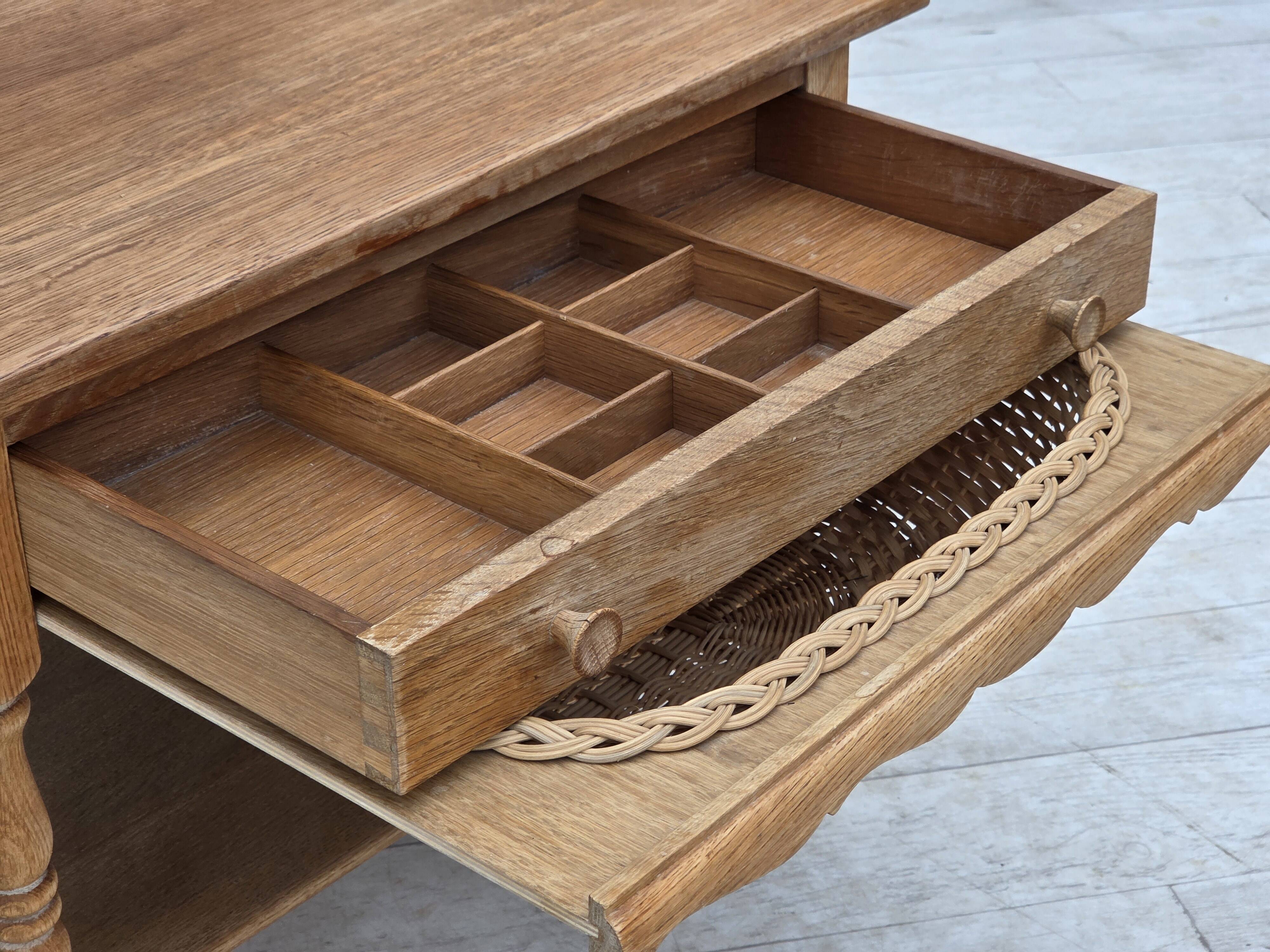 1970s, Scandinavian side table with drawers, solid oak wood, rattan.
