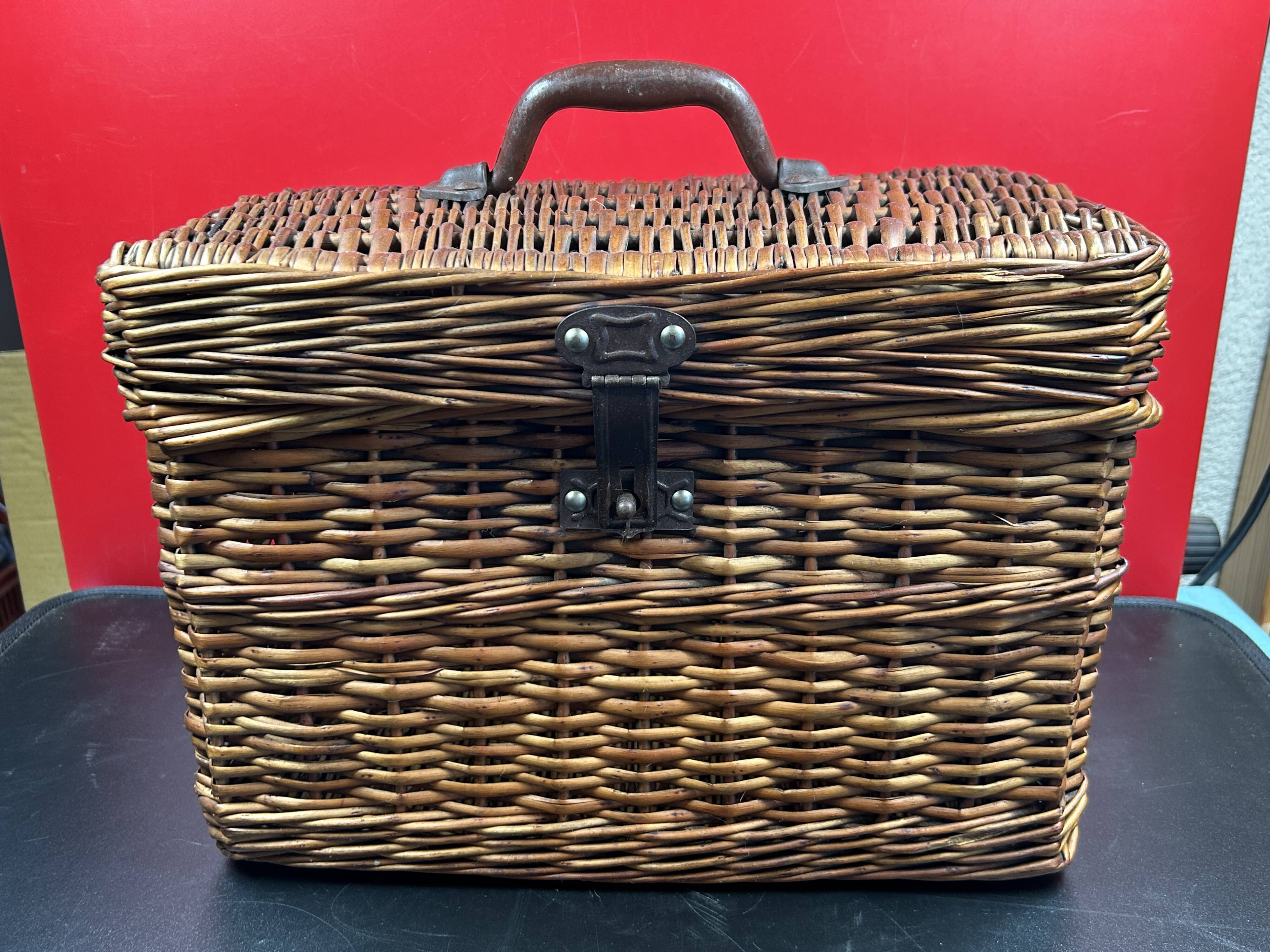 Rare antique wicker picnic basket with iron closures and handle
