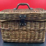 Rare antique wicker picnic basket with iron closures and handle