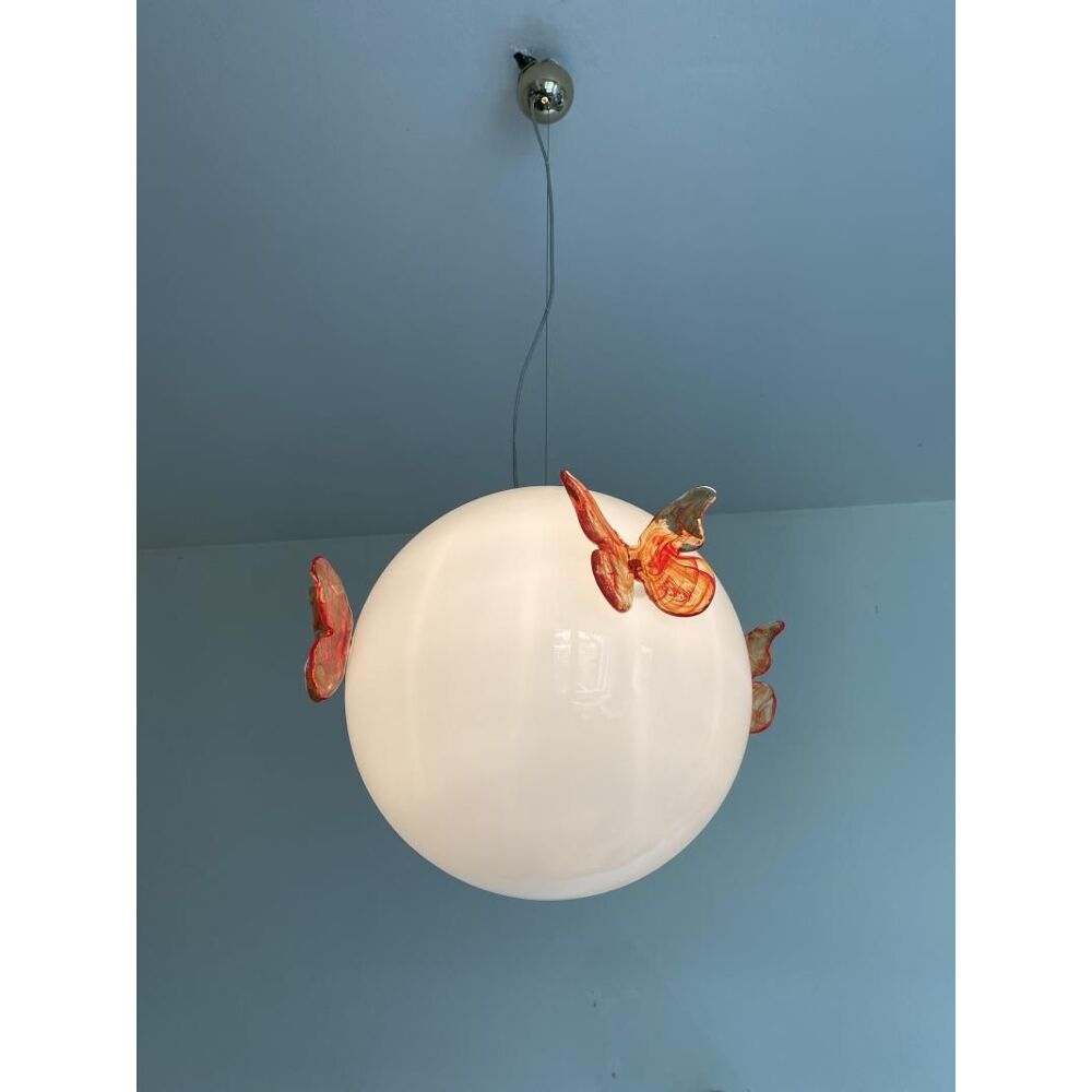 White and red butterfly Sphere Pendant in Murano Glass