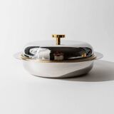 Vintage set of 2 stainless steel bowls with lids, 1980s, with gold details.