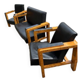 Salon canapé 2 fauteuils loupe et cuir design 60