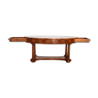 Style impero coffee table with 2 side drawers in walnut wood, Italy 40s