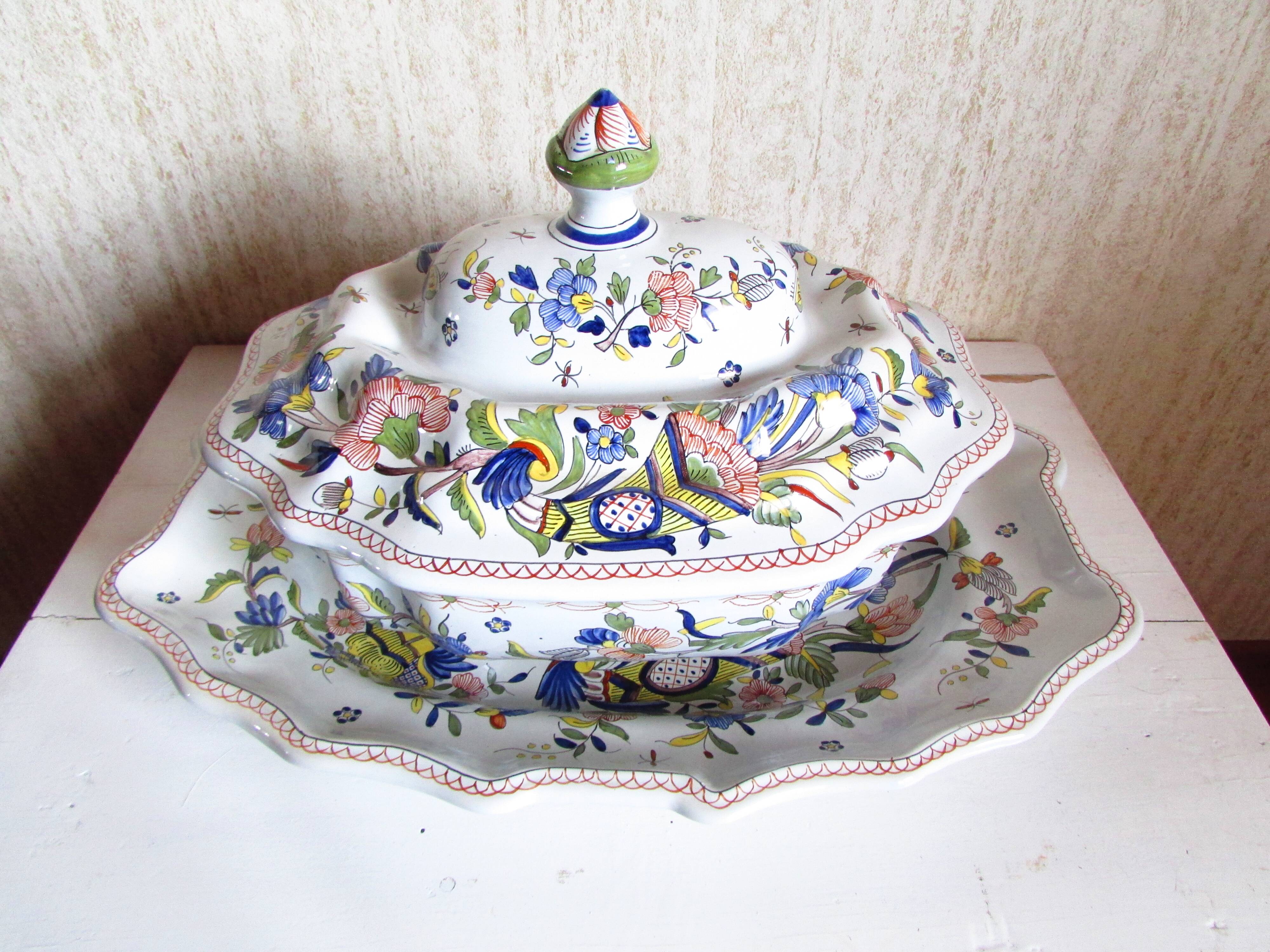 Compotier, soup tureen, vegetable dish in Rouen earthenware