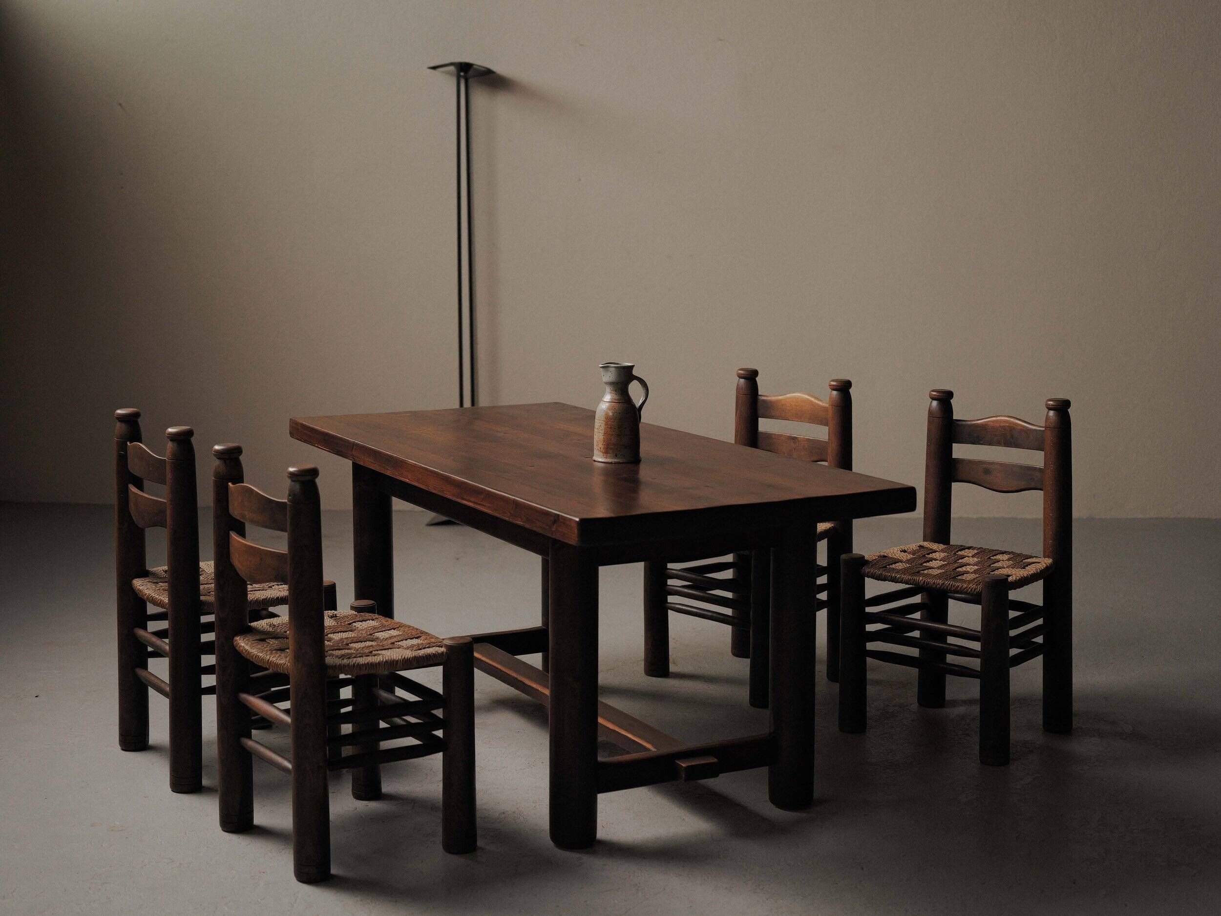 Set of 4 modernist chairs in beech and woven cord, France, circa 1940.