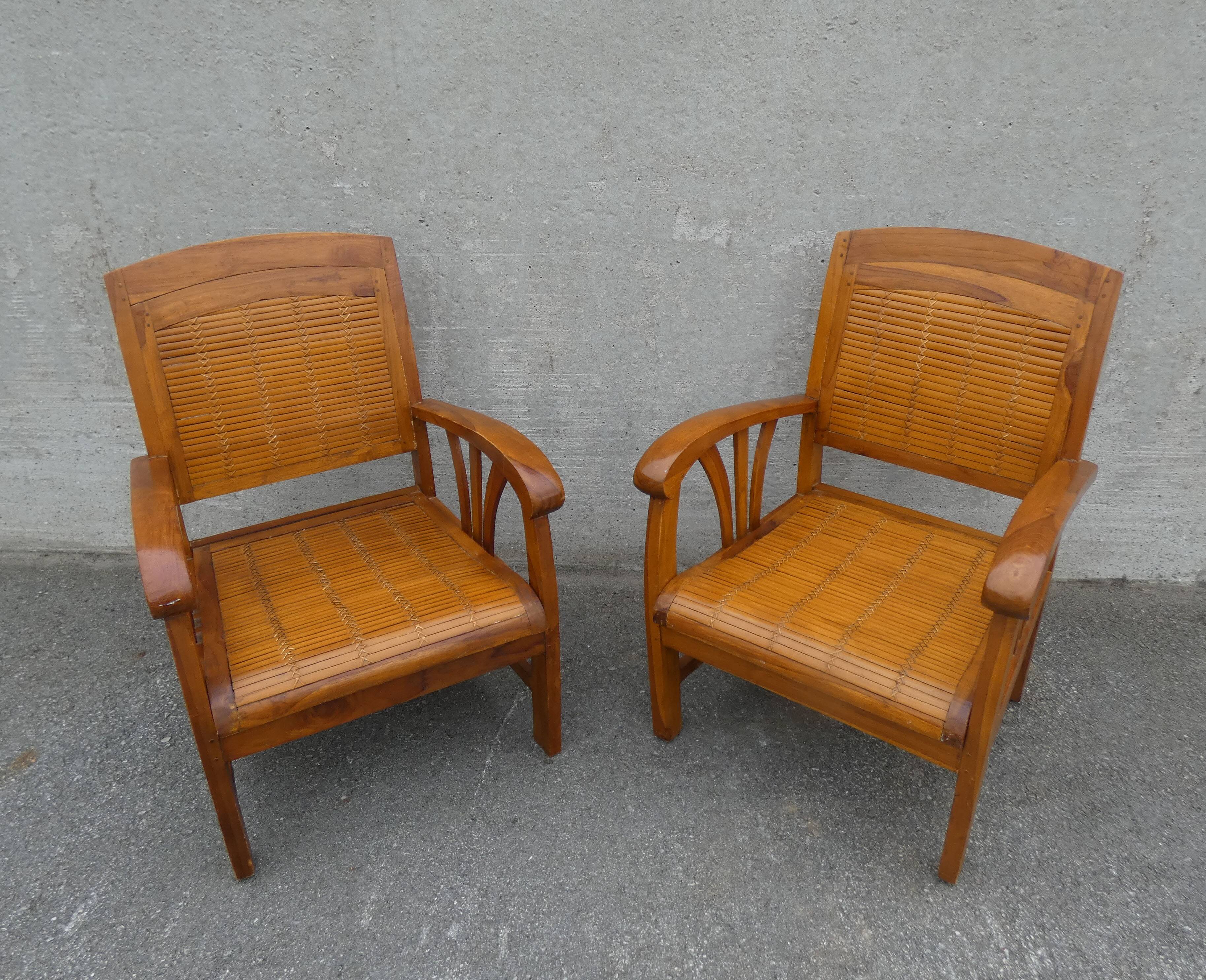 2 colonial bamboo and teak armchairs