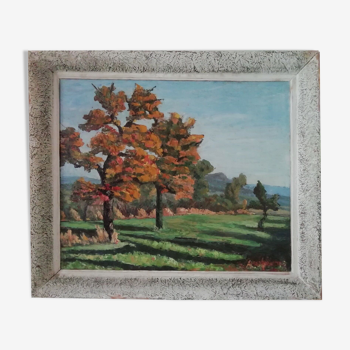 Tableau huile sur panneau Paysage français d’arbres de pays milieu 20ème siècle Raymond Vinta