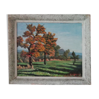 Painting oil on panel French Landscape of Country Trees middle 20th century Raymond Vinta