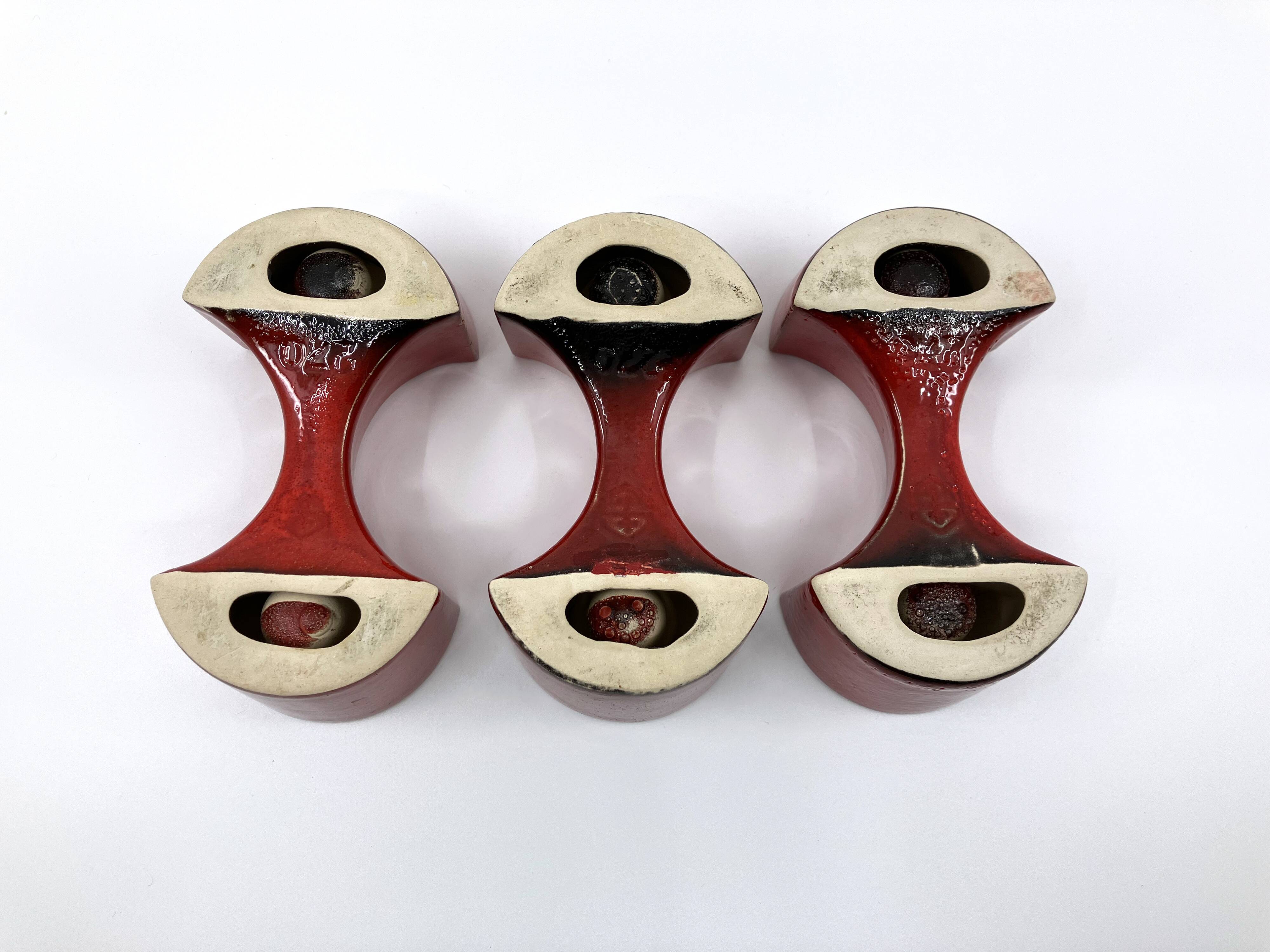 3 red ceramic candlesticks • Cari Zalloni • Steuler • 1970