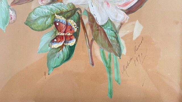 Vintage painting bouquet of peonies with butterflies 1890