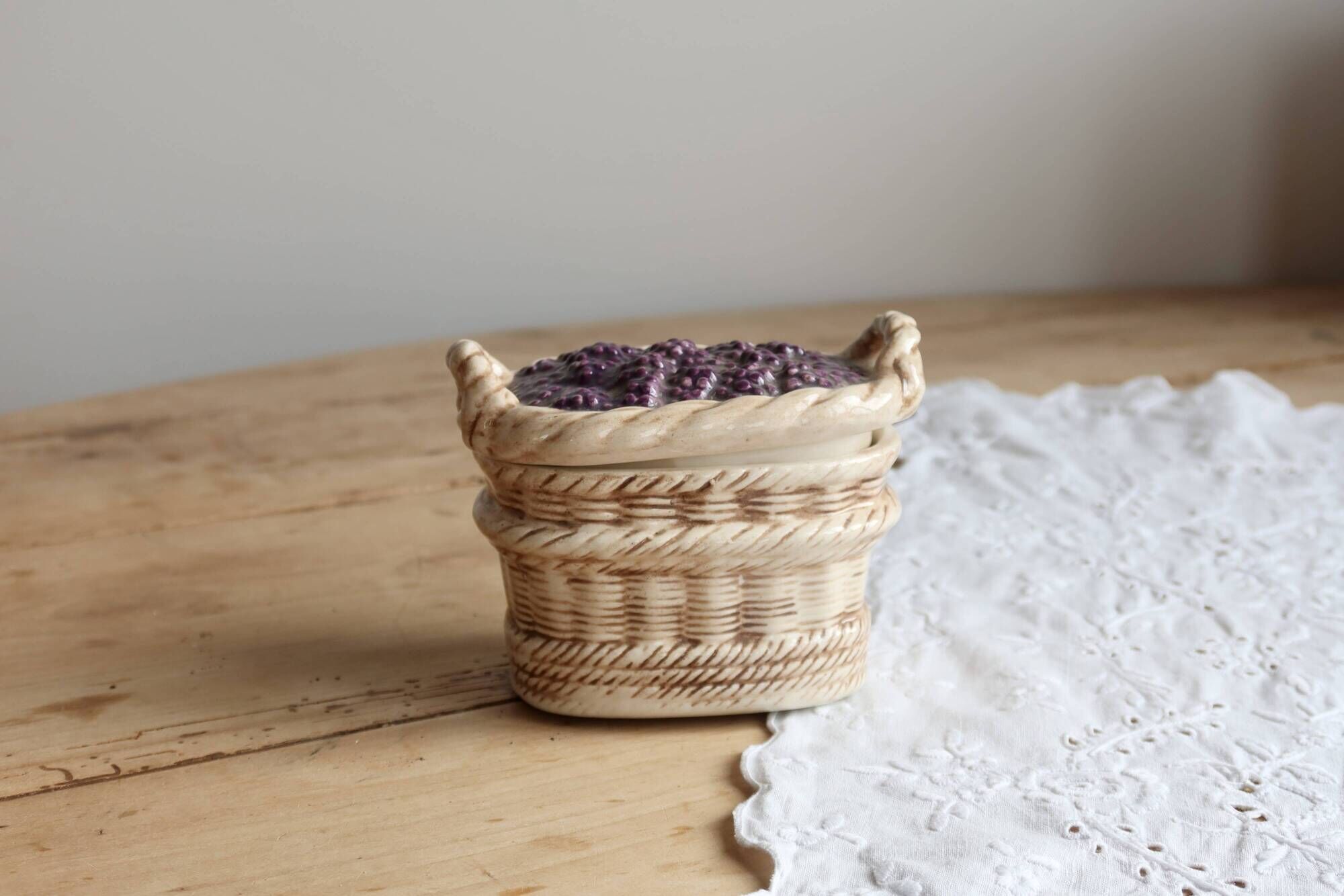 Vintage barbotine sugar bowl / sweet jar blackberry basket