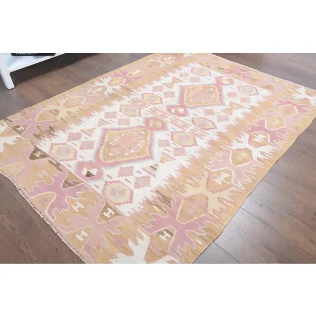 Vintage Turkish Oushak handmade cotton pink wool kilim area rug 120x165