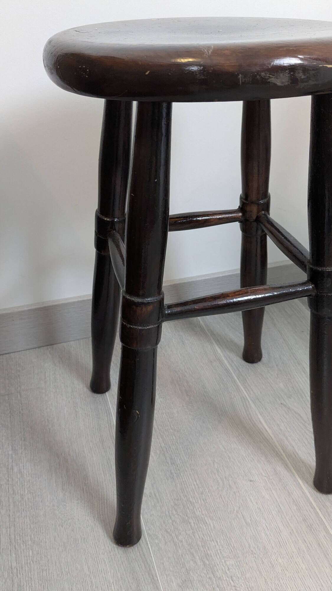 Old turned wooden bistro stool – dark brown patina