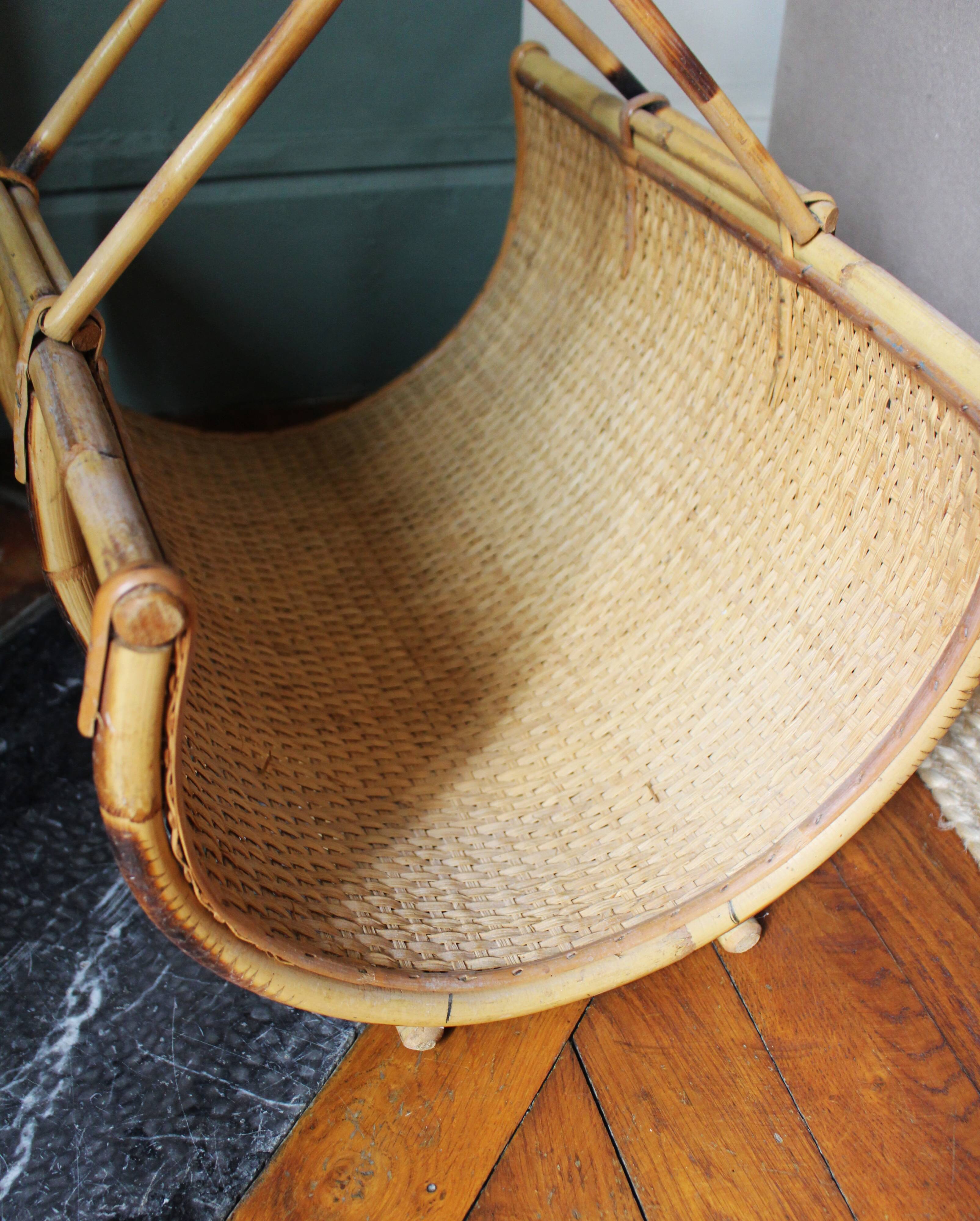 Porte revues panier bûches rotin osier vintage