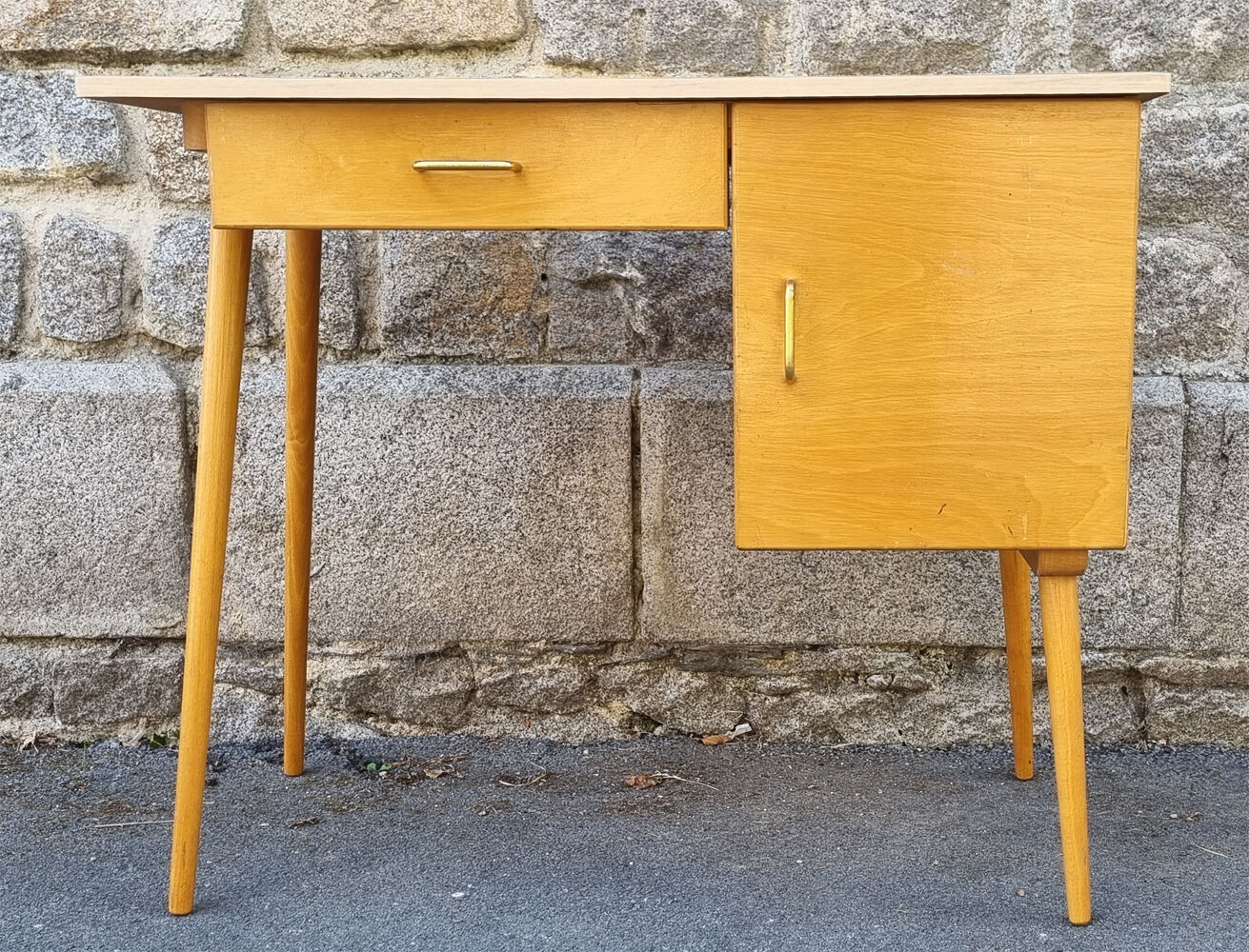 Wood and formica desk, compass feet, vintage, 70s
