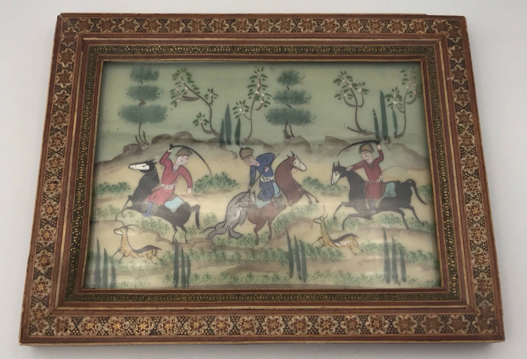 Ancient Indo-Persian painting with wooden mosaic frame
