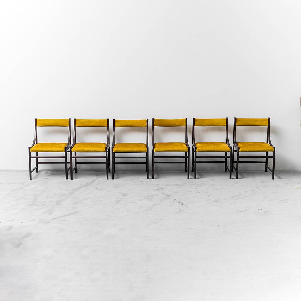 Set 6 chaises tissu jaune bois 1960s vintage modernisme