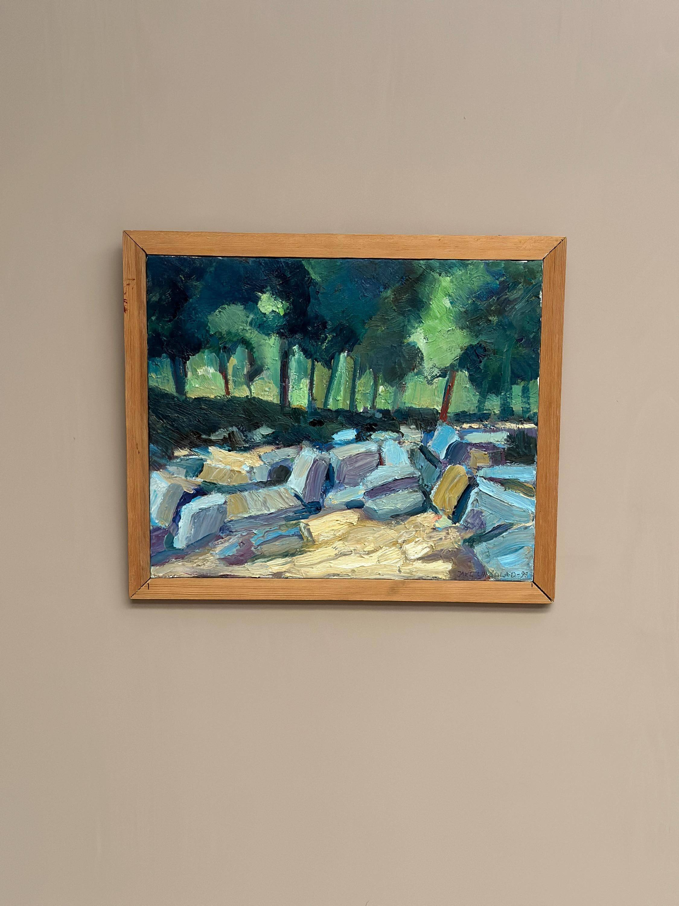 Original Swedish Oil On Canvas – “Landscape Composition” By Jarl Lindblad – Dated 1998 – Vintage & Framed – 43.5 × 51 Cm (17.1" × 20.1")