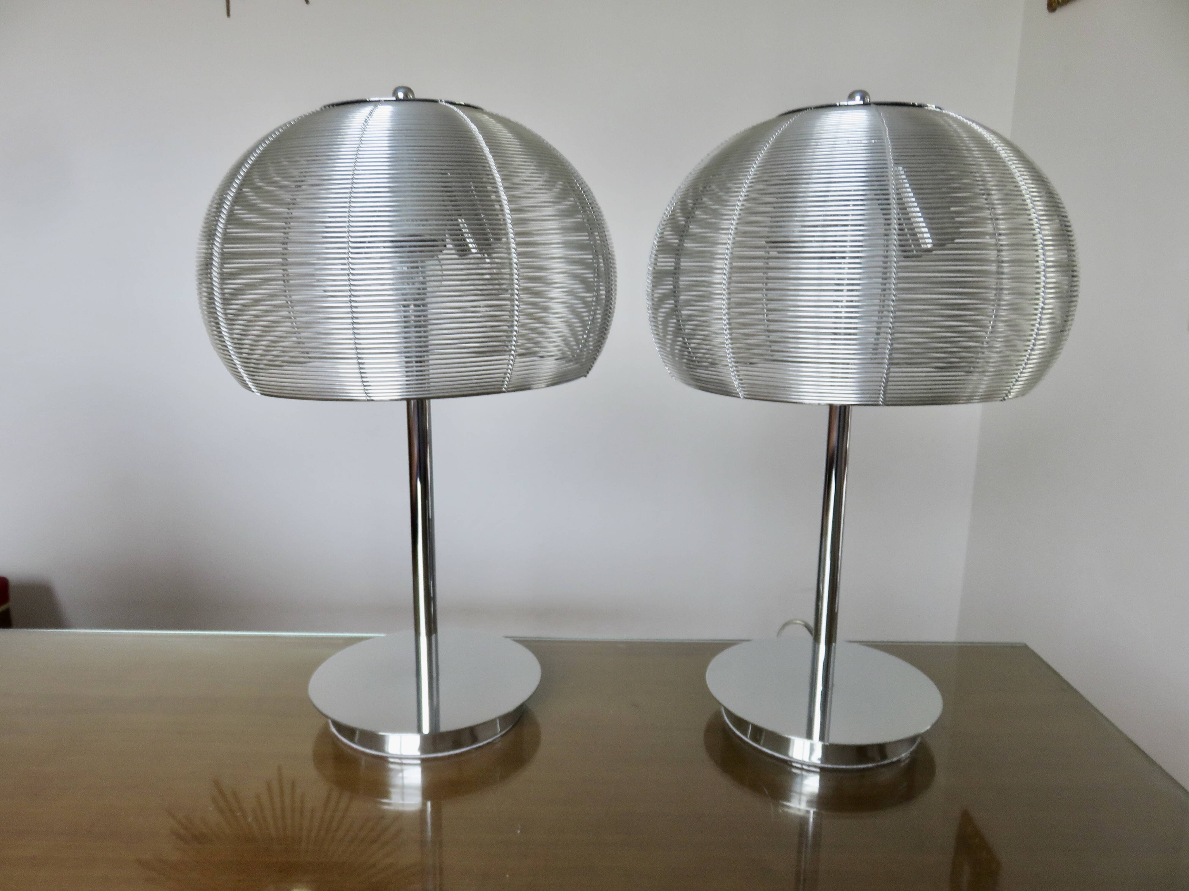 Pair of chrome-plated metal lamps with aluminum wire shades, 1990