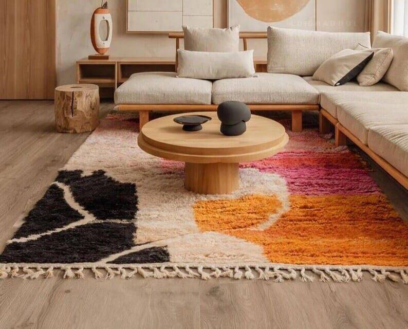 Handmade beni ourain rug with colourful patterns, size 140 x 260 cm.