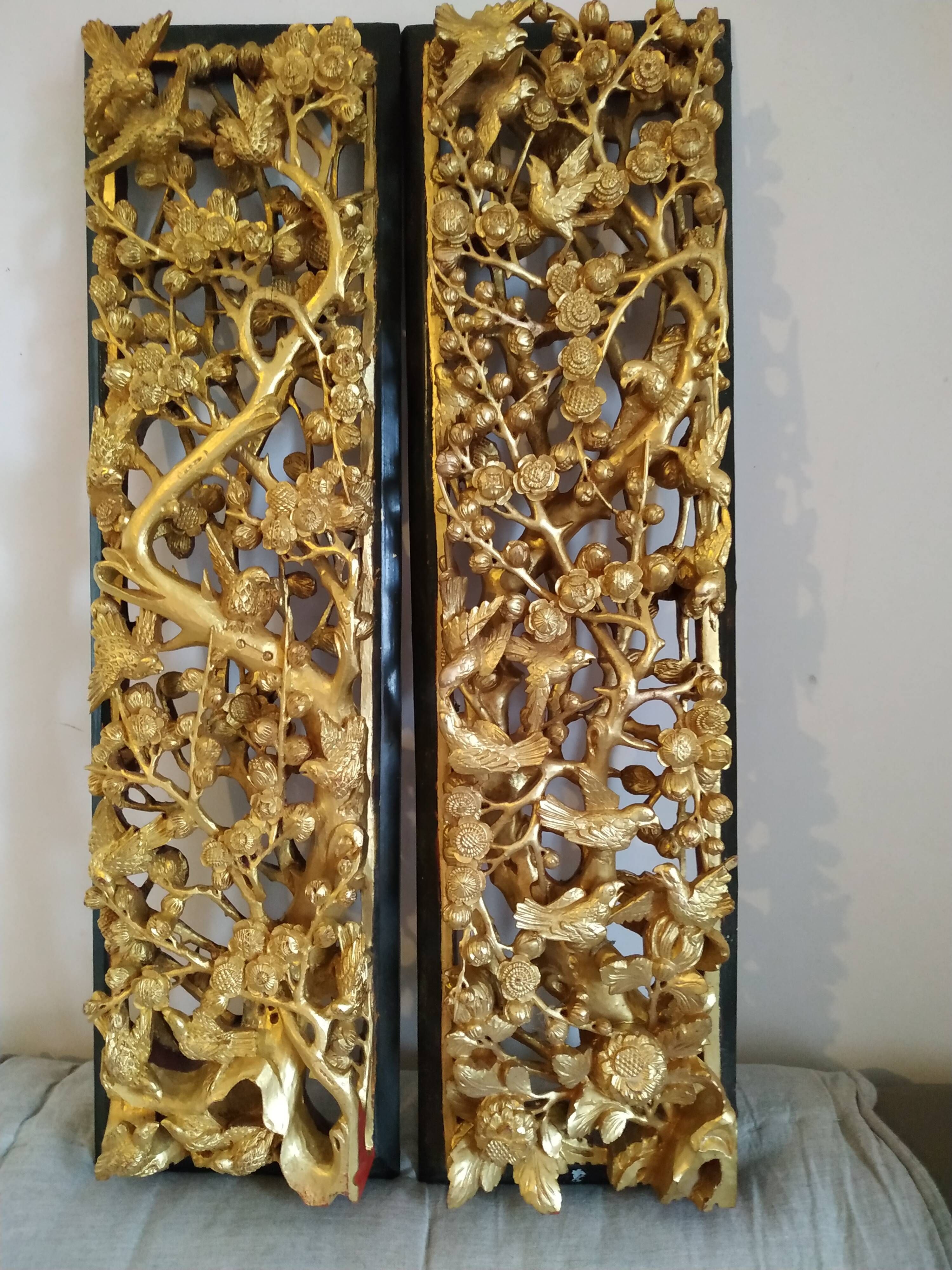 Pair of Ningbo panels in Chinese carved gilded wood