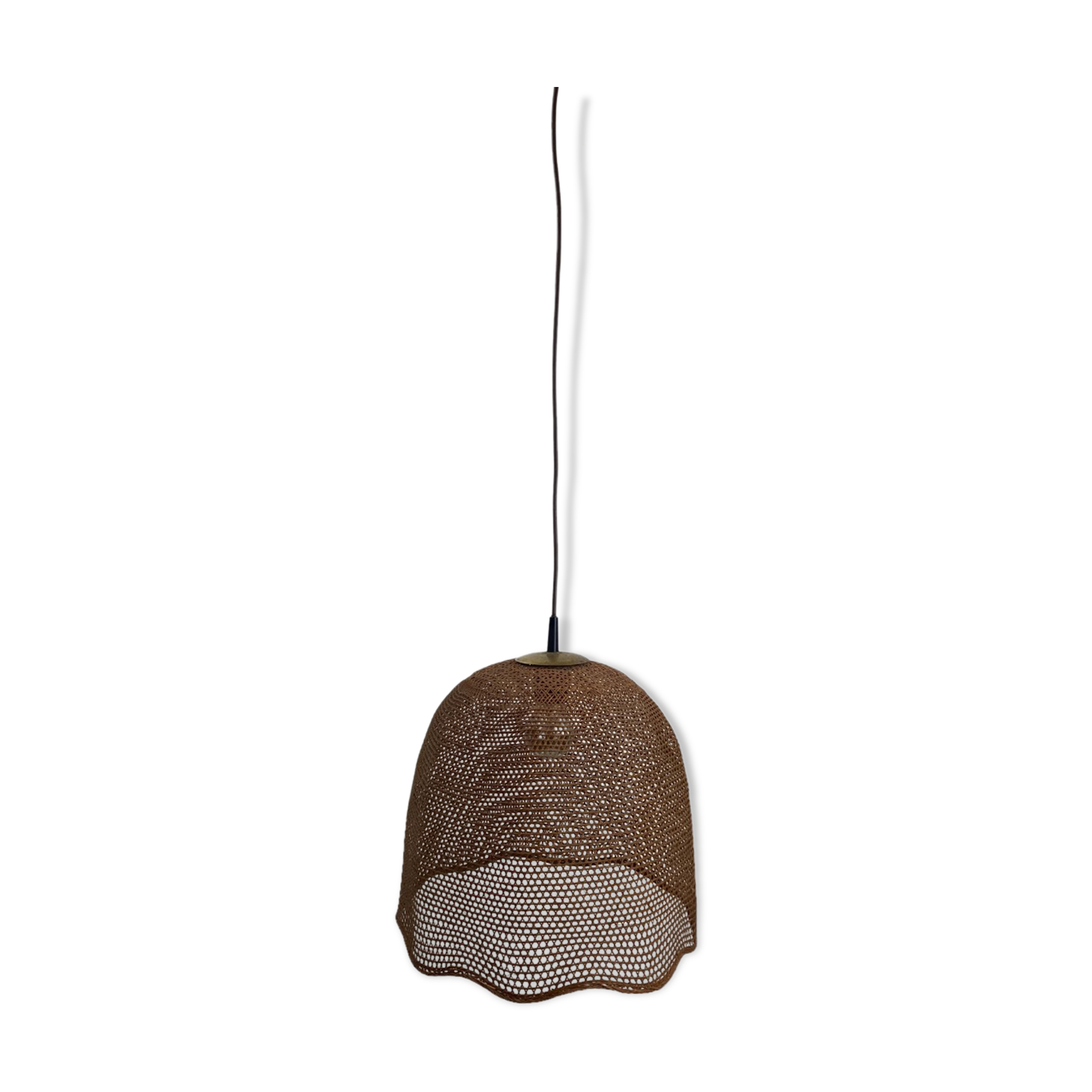 Rattan wicker webbing beehive pedant hanging lamp with brass, Dutch 1960s