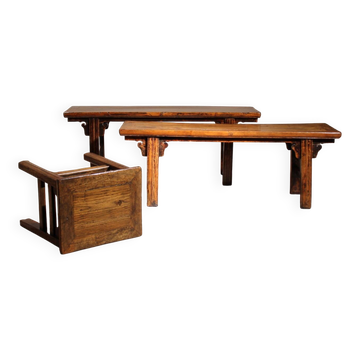 Primitive ‚Wabi Sabi‘ Bench, Stool & Coffee Table Set in Solid Elm