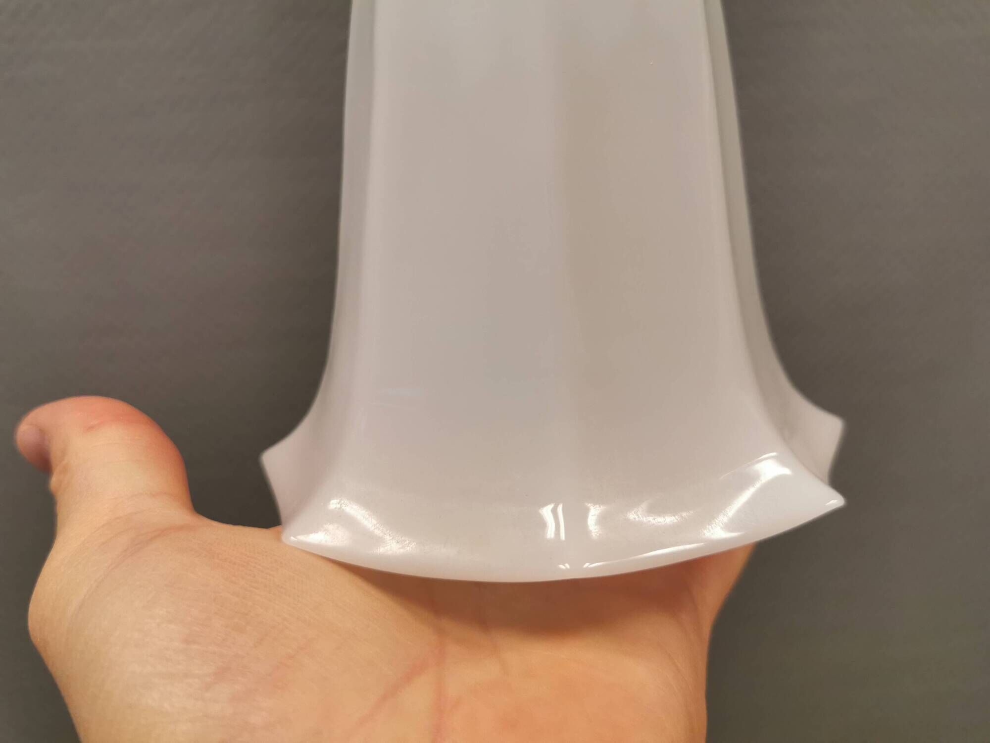 Small delicious tulip shaped hanging lamp in white opal glass with brass top.