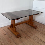 Pine coffee table with smoked glass top.