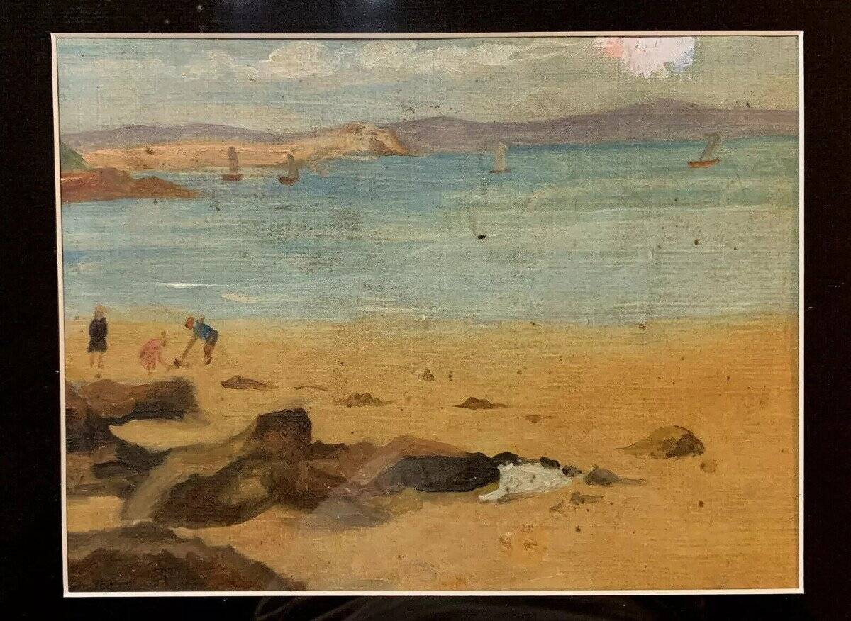 Teurreau: Oil On Canvas Beachside Lively With Characters And Sailboats