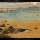 Teurreau: Oil On Canvas Beachside Lively With Characters And Sailboats