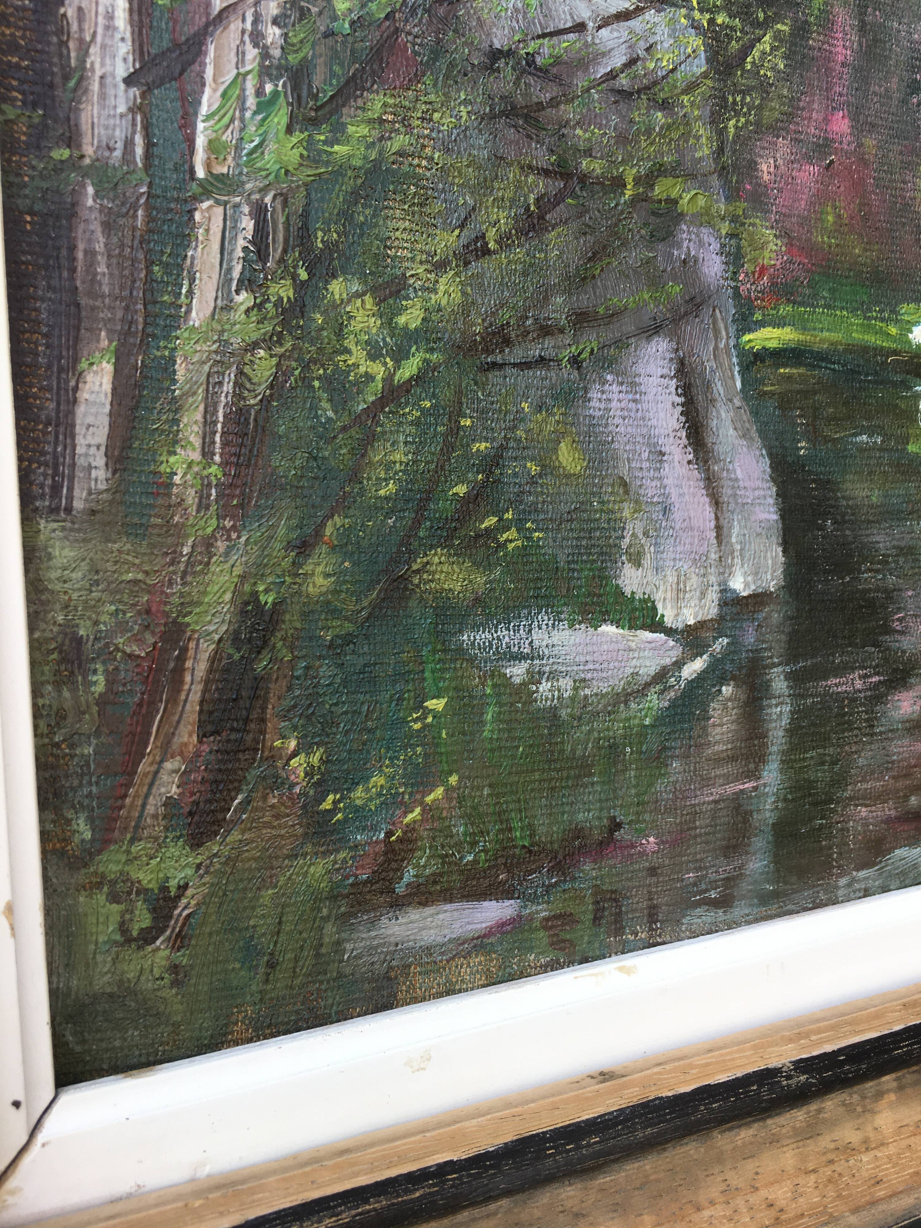 Landscape painting gorge at the river