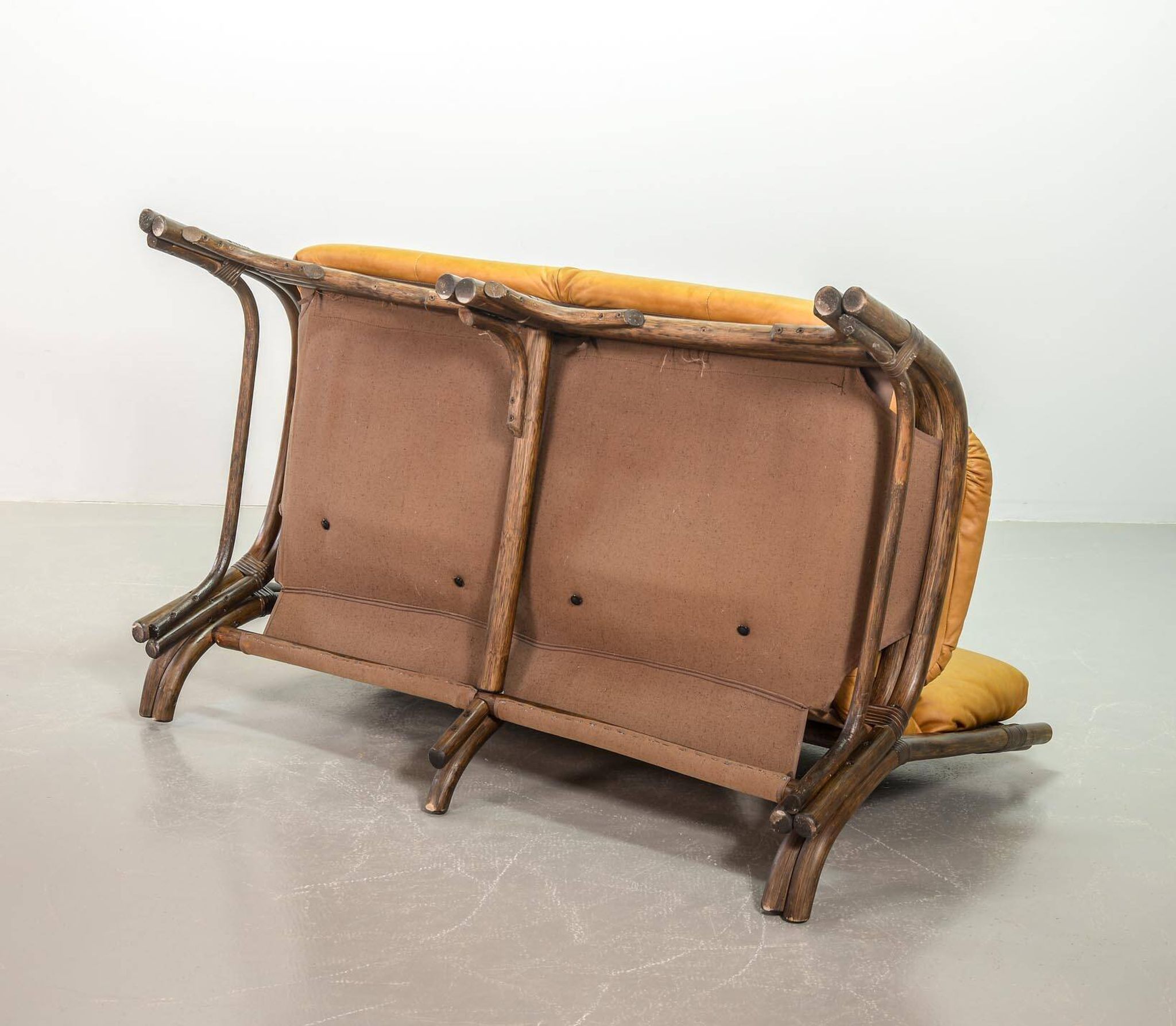 Brutalist Bentwood Love Seat Bamboo Sofa w. Caramel Leather Upholstery, 60s