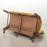 Brutalist Bentwood Love Seat Bamboo Sofa w. Caramel Leather Upholstery, 60s