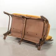 Brutalist Bentwood Love Seat Bamboo Sofa w. Caramel Leather Upholstery, 60s
