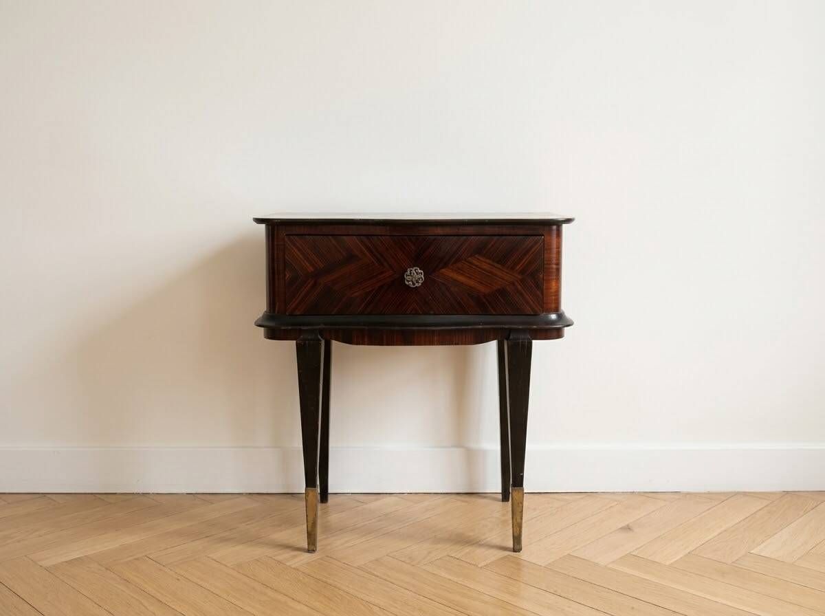 Table de chevet ancienne en bois marqueté et laqué