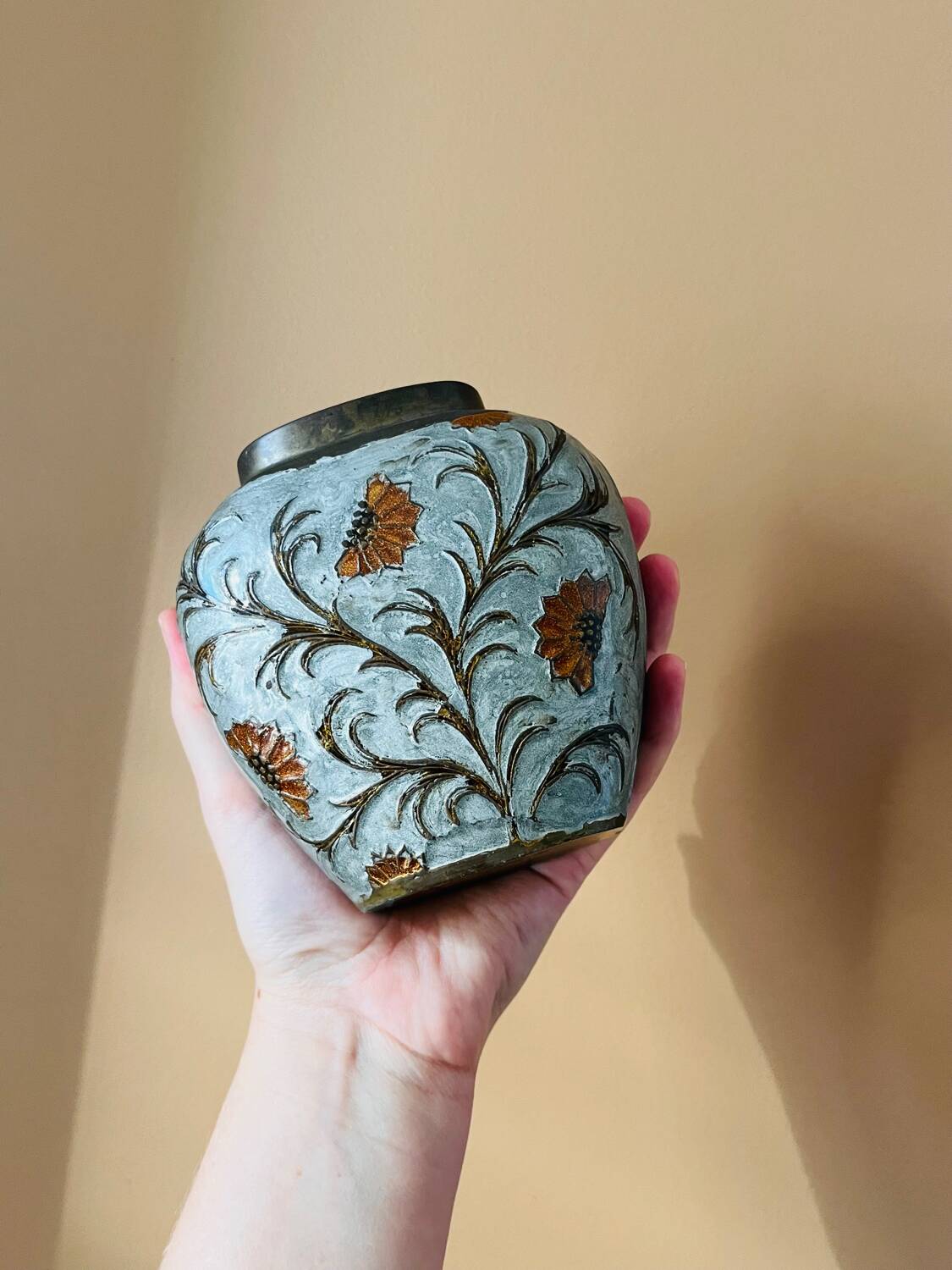 Vintage enamelled brass vase