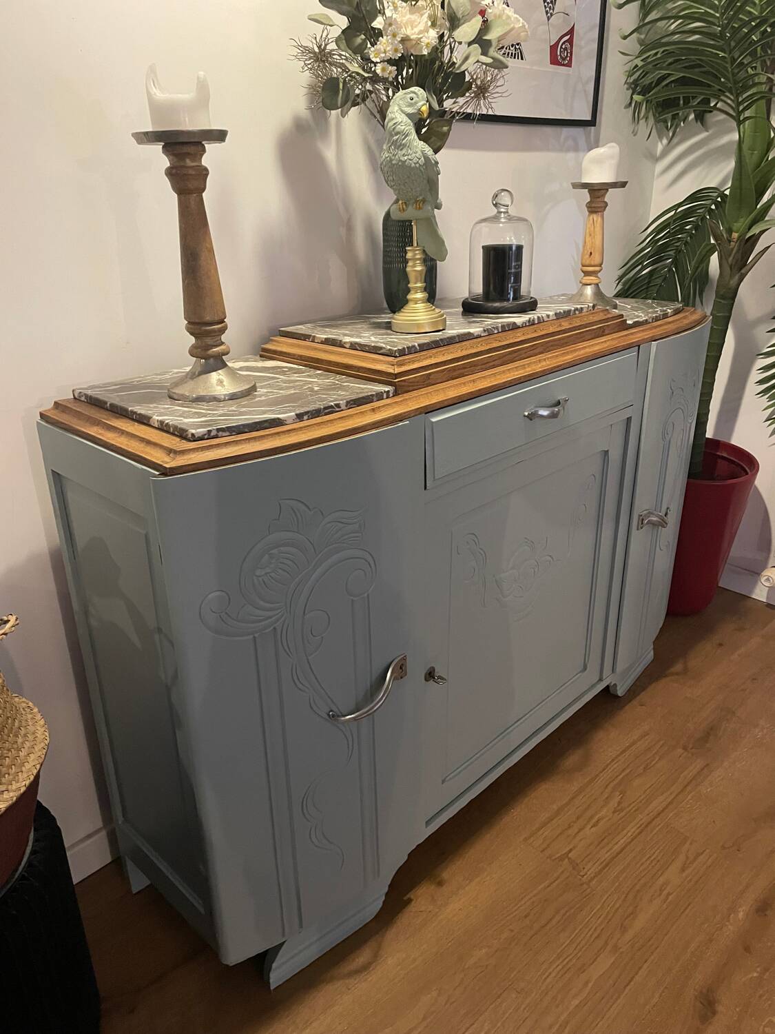 Revamped art deco sideboard in light sage green, marble top, chrome handles, vintage shabby chic