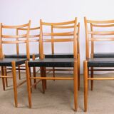 Series of 6 Swedish chairs in Elm and black Skai by Yngve Ekstrom for Gemla 1960.