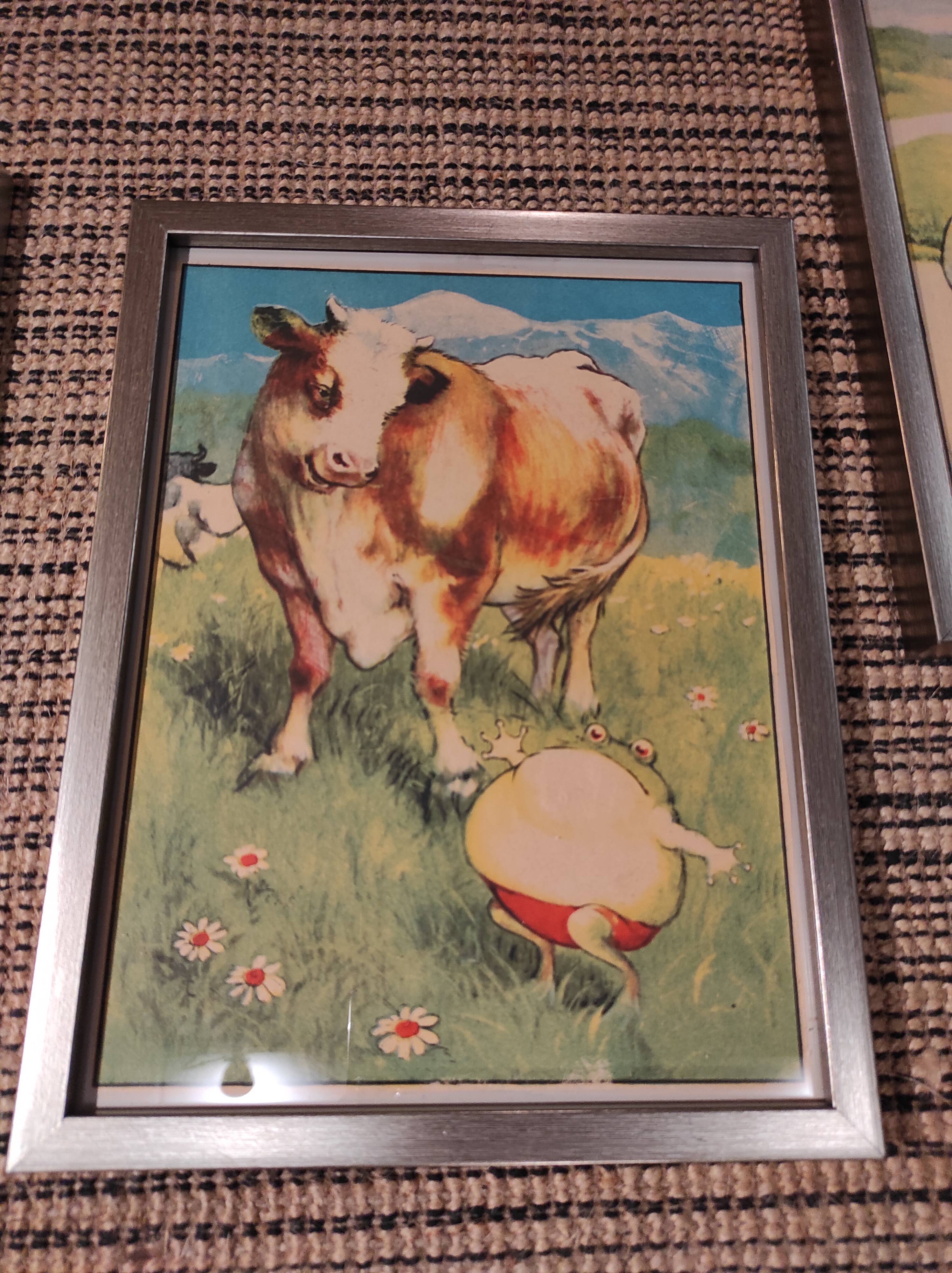 Set of 5 illustrations framed in glass the Fables of La Fontaine